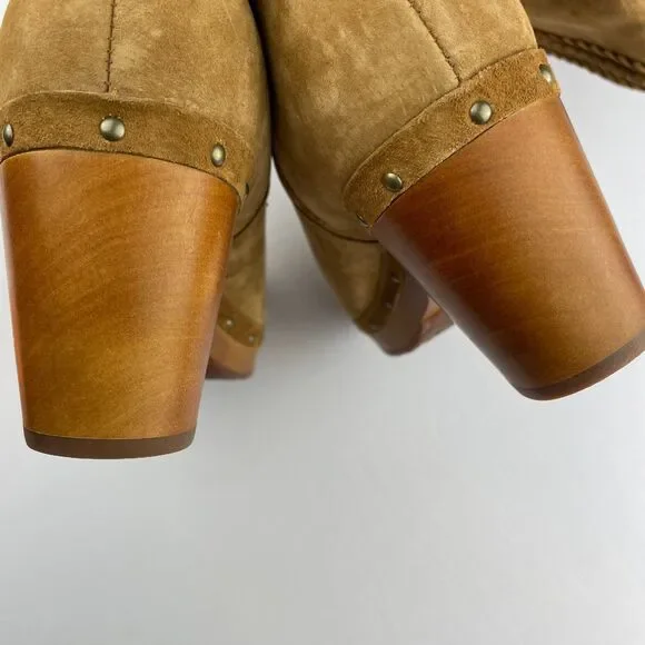 ~ UGG 10 Suede Clog Boots Tan Zip Camel Brown Women Tall Wood Heel Boho HTF Rare - Picture 8 of 14